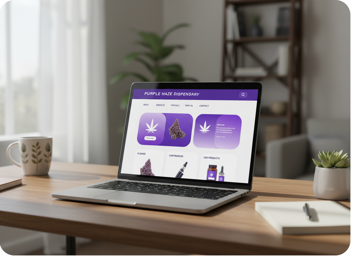 Firefly_Gemini Flash_Dispensary website on a laptop, which is sitting on a desk in a home. the laptop is a 118725-1