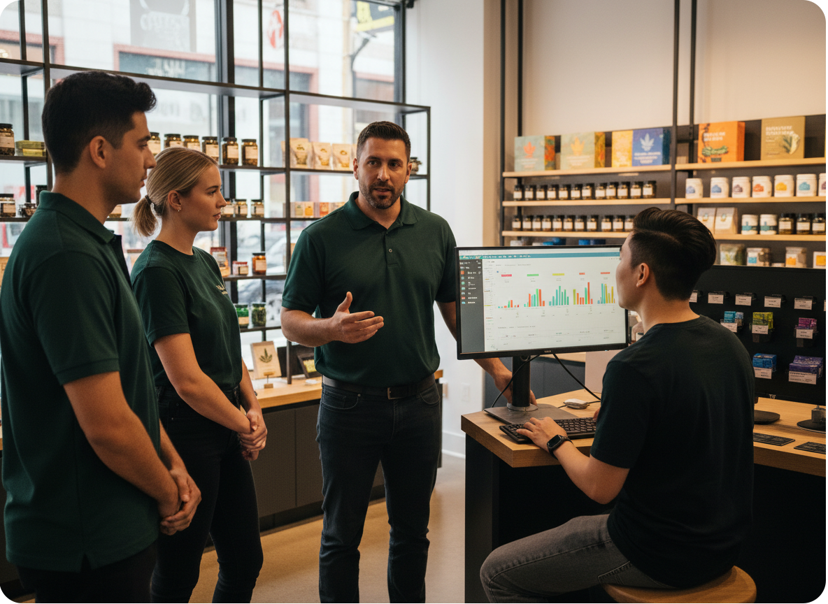 Firefly_Gemini Flash_Manager talking to a team in a cannabis store, with computer in front of worker facin 979645 Firefly_Gemini Flash_Manager talking to a team in a cannabis store, with computer in front of worker facin 979645